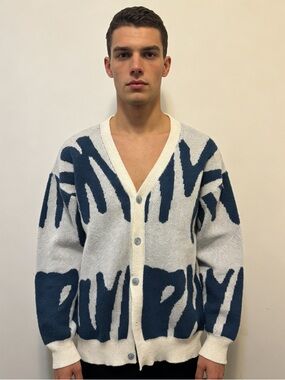 Men's Blue and White Patterned Button-Front Sweater Cardigan
